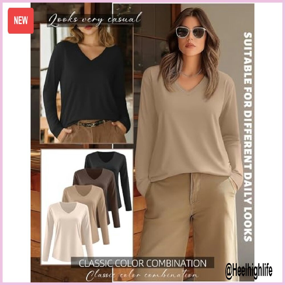 Plus Size Long Sleeve V-Neck Tunic Tops 4 Pack Loose Fit Fall Clothes - Picture 5 of 7